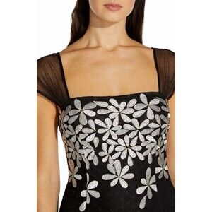Adrianna Papell Metallic Floral Embroidered Cocktail Dress Black Silver NWT Sz 2